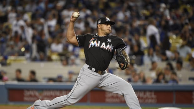 May 19, 2017; Los Angeles, CA, USA; Miami Marlins pitcher A.J. Ramos (44) pitches against the Los Angeles Dodgers during the eighth inning at Dodger Stadium. Mandatory Credit: Kelvin Kuo-USA TODAY Sports